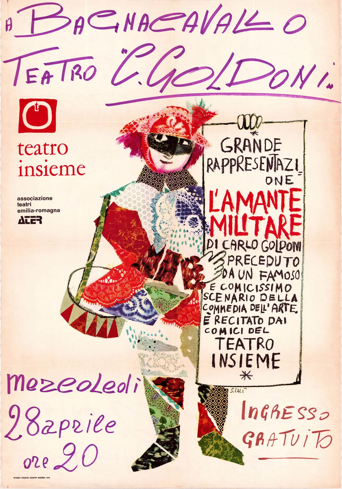 Grande rappresentazione l'amante militare…, Teatro insieme, 1976 - 69,5x99,3 cm (manifesto)