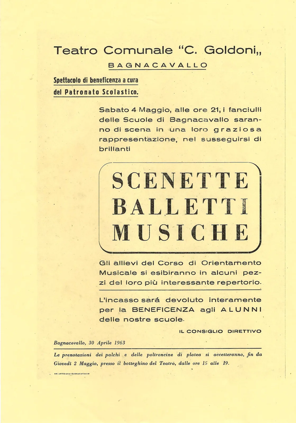 Scenette Balletti Musiche, Teatro comunale C. Goldoni, Bagnacavallo, 1963 - 21x29,7 cm (volantino)