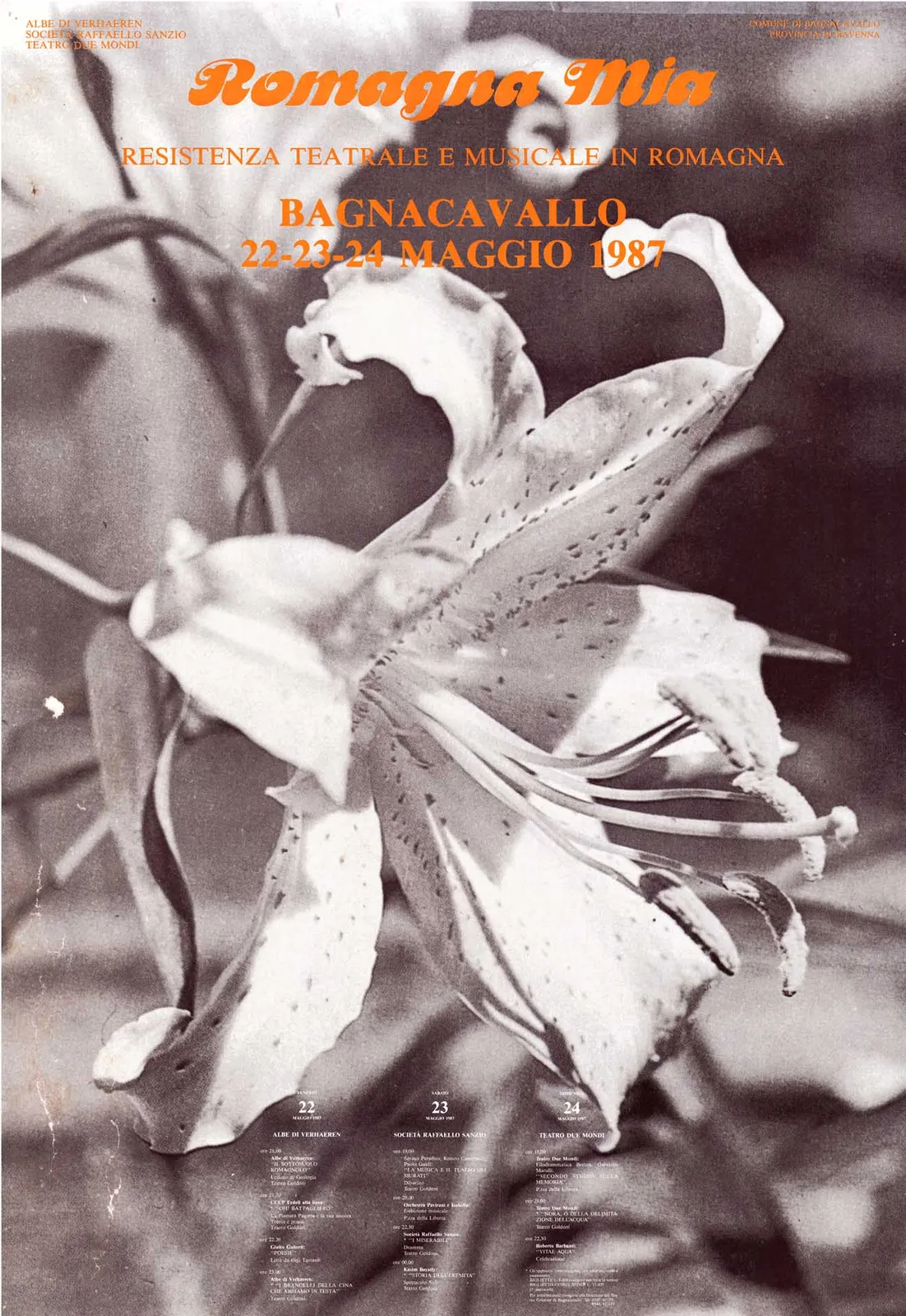 Romagna mia. Resistenza teatrale e musicale in Romagna, Albe di Verhaeren, Società Raffaello Sanzio, Teatro Due Mondi, Bagnacavallo, 1987 - 69x97 cm (manifesto)