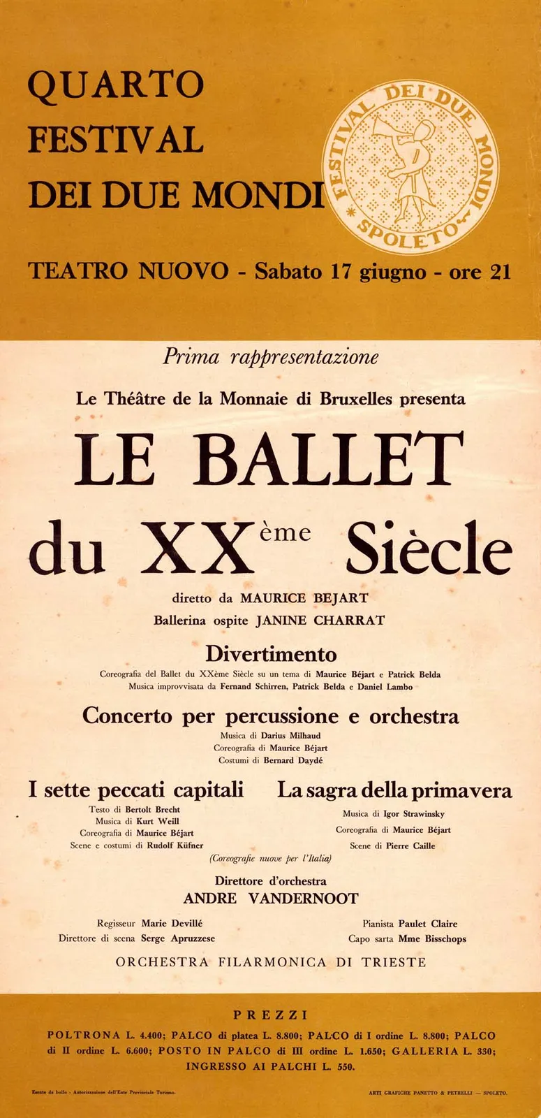 Le ballet du XXème Siècle, Quarto Festival dei due Mondi, Spoleto, 1961 - 33x69 cm (locandina)